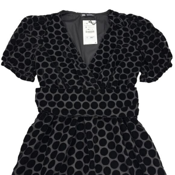 Zara Velvet Polka Dot Mini Dress With Puff Sleeves Size Small - Picture 8 of 10